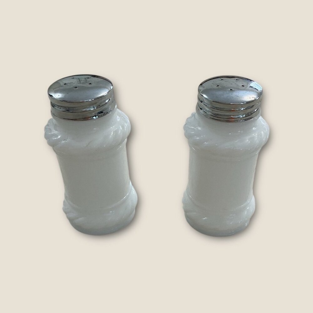 Vintage Milk Glass Salt & Pepper Shakers 3.5" Tall With Silver Lids Country Cott